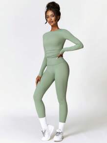 MASKERT 女士运动套装 运动跑步套装 瑜伽套装 家居休闲套装 亲肤舒适 - 0.霧綠 - 查看 4