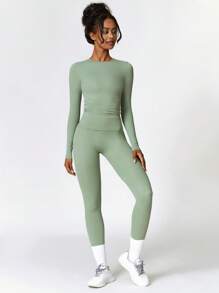 MASKERT 女士运动套装 运动跑步套装 瑜伽套装 家居休闲套装 亲肤舒适 - 0.霧綠 - 查看 6