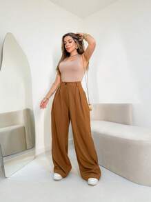 Louis Marrant Women's Wide Leg Pants With One Button, Open Zipper And Side Pockets - 棕色 - 查看 4