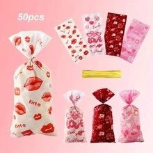 50 túi kẹo ngày lễ tình nhân, túi đựng bánh quy ăn nhẹ in hình tình yêu, túi quà tặng tiệc theo chủ đề đôi môi đỏ, bao bì thực phẩm cho doanh nghiệp nhỏ, vật dụng làm bánh - Nhiều màu - Xem 4
