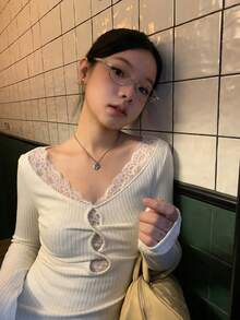 优质蕾丝细节修身长袖 T 恤，百搭新款汗衫设计 - 杏色 - 查看 6