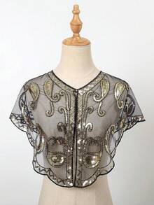 1 件女士亮片装饰莲花晚礼服披肩，复古旗袍斗篷轻薄串珠肩披肩 - 彩色 - 查看 2