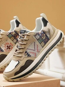 Giày thể thao nam thường ngày thêu phong cách Trung Hoa, đế dày, phối màu, buộc dây, mũi tròn thời trang, họa tiết rằn ri in ngẫu nhiên - Màu Khaki - Xem 1