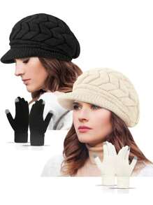 2 piezas Conjunto de gorro y guantes de punto para mujer, gorro de punto casual de moda, adecuado para uso diario en otoño/invierno, viajes al aire libre, senderismo, esquí, ciclismo, escalada, accesorios de invierno, atuendos de invierno