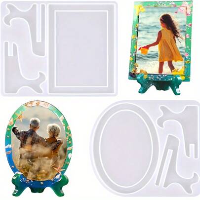 2pcs (1pc Rectangular + 1pc Oval), Resin Mold For DIY Photo Frame, Rectangular & Oval Frame Stand Mold With Base Stand, Silicone Mold For DIY Wedding, Valentine's Day, Anniversary Gift, Home Decor, Gift For Family & Friends, Holiday & Birthday Gift