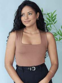 Kit 2 Women's Bodysuit Square Neckline Wide Strap Plain Suplex Tank Top Casual - Màu nâu  Mocha - Xem 3