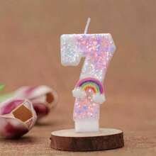 1pc Unicorn Theme Shiny Powder White Sequin Decor Gradient Cute Tricolor Rainbow Cloud, Symbolizing Romantic Happiness, Creative Handmade DIY Cake Topper Numbers 0-9 Happy Birthday Celebration, Interesting Glitter Birthday Candles Cake Decor