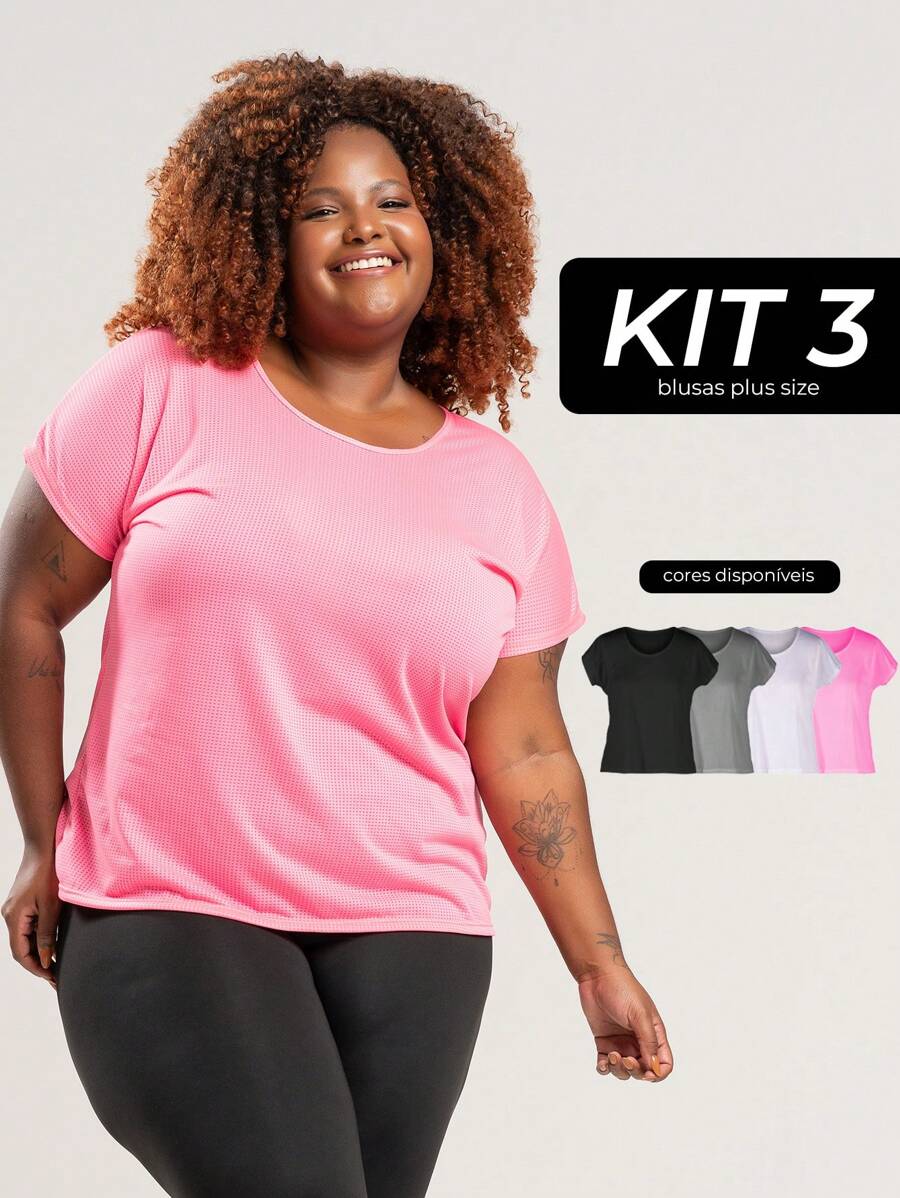 Kit Of 3 Plus Size Women's Tops For Gym Dry Bodybuilding Walking Comfort - Nhiều màu - Xem 1