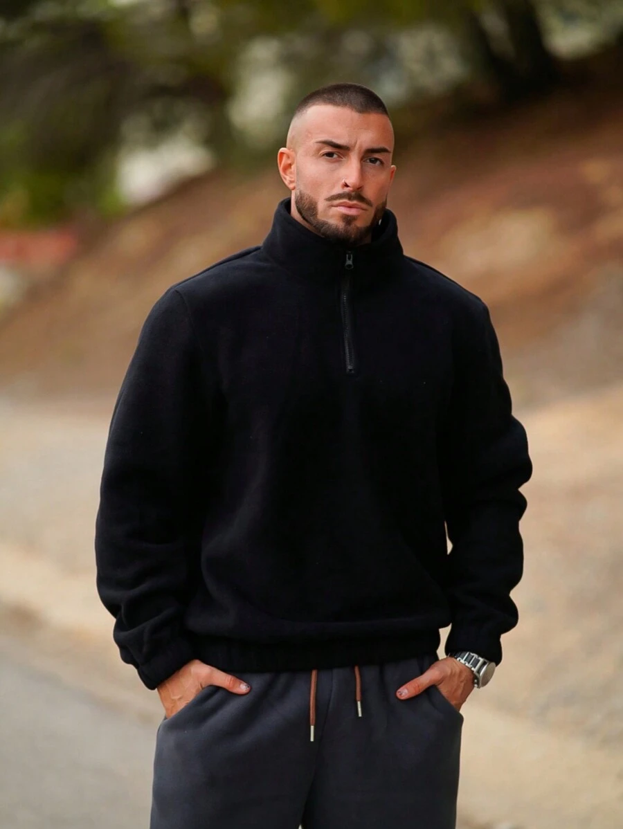 Men's Simple Style Fleece Warm Pullover Sweatshirt - Black - View 1