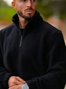 Men's Simple Style Fleece Warm Pullover Sweatshirt - Black - View 2