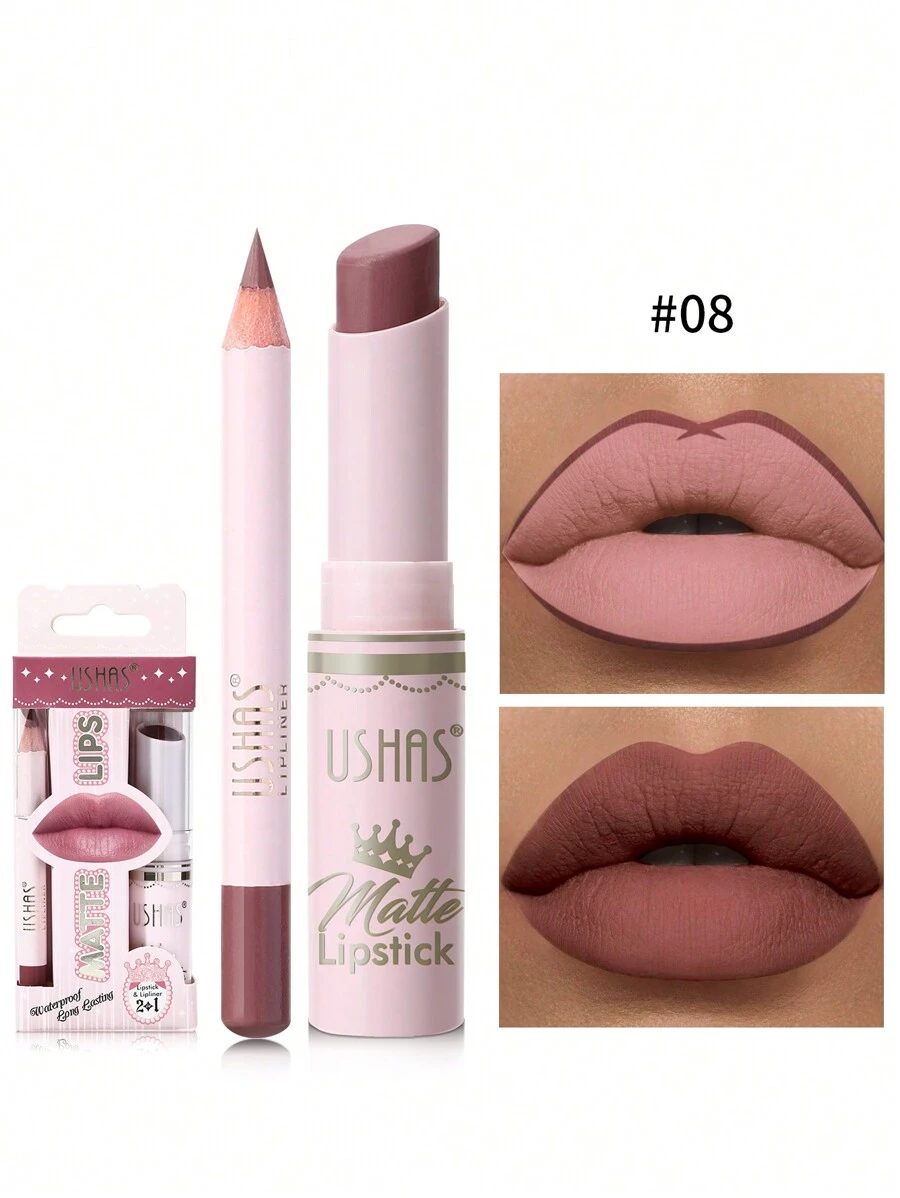 Ushas, 1Set, Long-Lasting Matte Nude Lipsticks With Lip Liner - Waterproof, 12 Shades, Makeup Essentials For Daily Wear, All Skin Types - Long-Lasting, Hydrating, And Nourishing Lip Care For Women - #08 - 查看 1