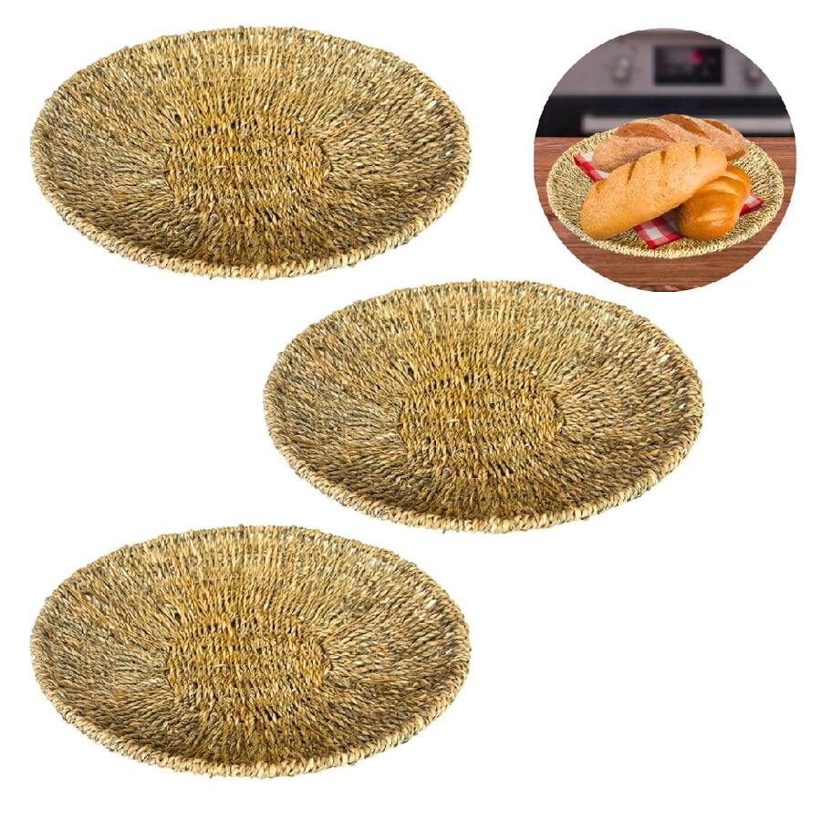 Kit 3 centro de mesa palha fibra natural cesto redondo multiuso decorar organizar banheiro toalhas cosméticos quarto escritório bancada recepção sala cozinha fruteira