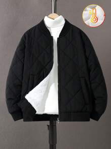 1pc Tween Boy Stand Collar Solid Color Fleece Thick Casual Sports Outdoor Warm Jacket, Autumn/Winter