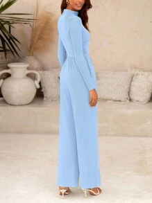 Women's Romper Casual Fall Fashion Piece Long Sleeve High Neck Wide Leg Romper - 淺藍色 - 查看 4