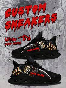 Men's Custom Sneakers, Cool Skull Designed Name Customization Lightweight Comfortable Soft Bottom Sneakers For Men, Gym Training Breathable Tennis Shoes Unique Gift For Mom/Dad/Her/Him/Girlfriend/Boyfriend/Wife/Husband/Friend ﻿ - Black - View 1