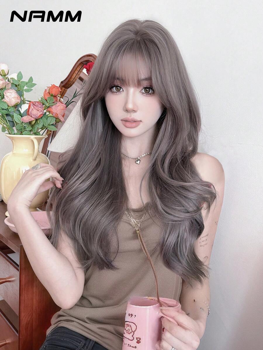 NAMM Tóc giả dài màu tím tro gợn sóng cho phụ nữ Tóc giả xoăn tổng hợp có mái trông tự nhiên Tóc giả sợi tổng hợp chịu nhiệt mật độ cao dùng cho tiệc tùng hàng ngày 28 inch