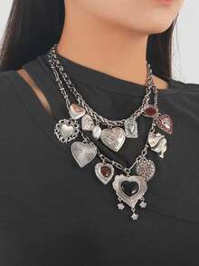 1 件厚重珠宝 ZAA 复古银色心形吊饰项链女士哥特式珠宝朋克嘻哈街头摇滚颈链项链礼物 - 彩色 - 查看 3