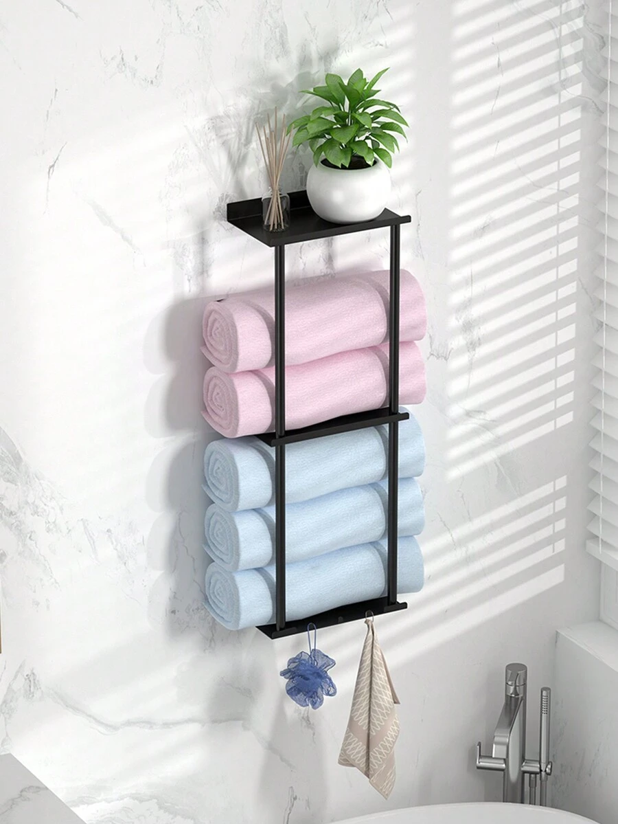 带架子的防锈铸铁毛巾架 - 适用于浴室和厨房的时尚且节省空间的储物架 - 3 个挂钩，壁挂式，耐用的 1 件套 - 彩色 - 查看 1