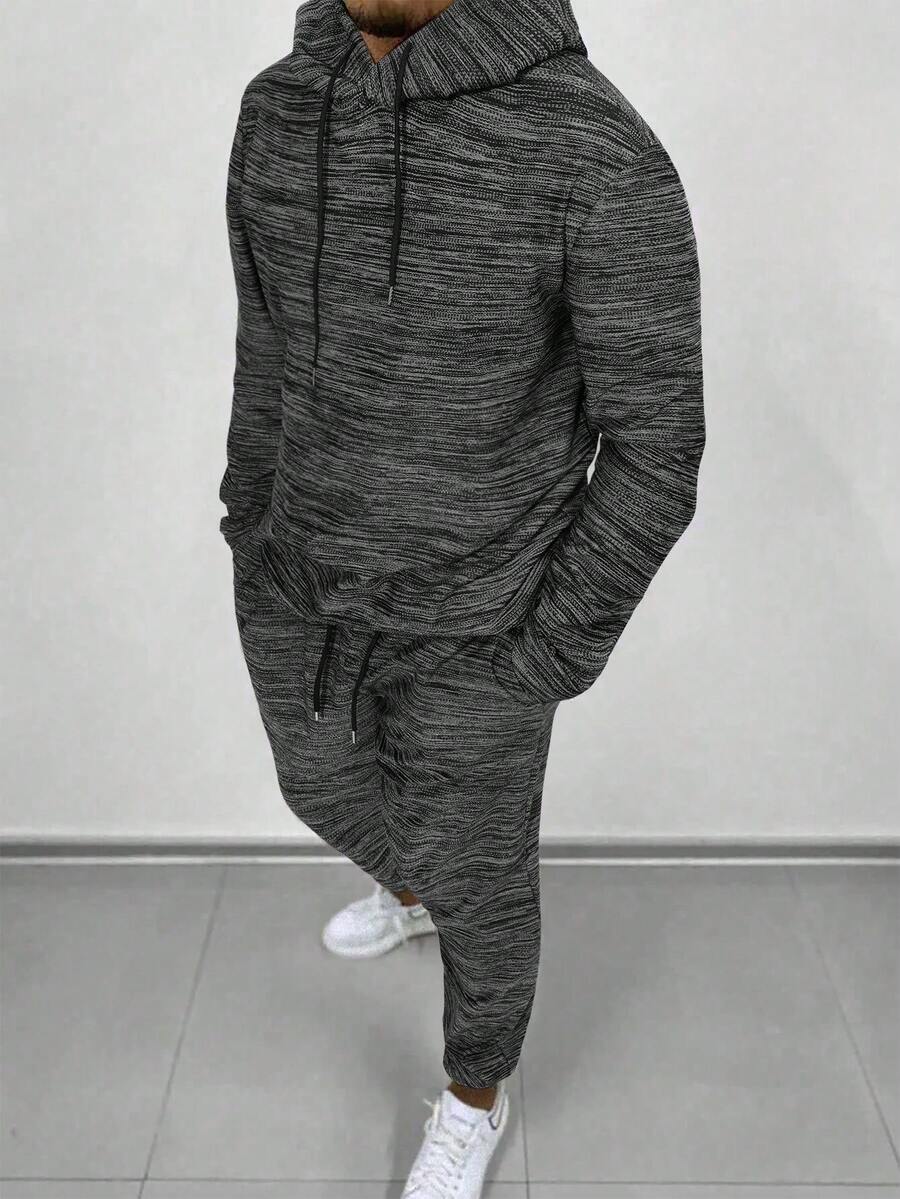 2 件套男士时尚休闲简约抽绳连帽衫和运动裤套装 - 黑色 - 查看 1