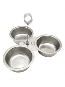 Salsera con 3 recipientes de acero inoxidable, 9 x 4 cm, funcional para servir salsas, jugos o aderezos en la mesa. - Gris Claro - Ver 1