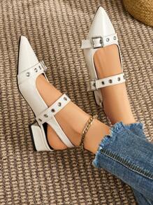 2025 Autumn Women's Flat Slip-On Shoes, Studded Pointed Toe Chunky Heel Mules, College Style Valentines - Beige - View 7