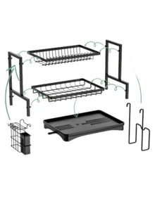 1pc Tối đa hóa không gian bếp: Giá để bát đĩa hai tầng có thớt và dụng cụ lưu trữ - Tổ chức bền và phong cách - màu đen - Xem 5