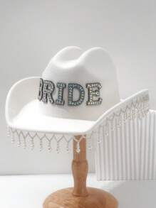 1pc Women's Solid Glitter Bling Cowboy Hat, Unique Luxurious Faux Pearl Tassel Pearl Embellishment With 3D Pearl Letter BRIDE Decor, Wedding Bridal Hat, 2024 Wedding Essentials, Creative Punk Style Inspiration Wide Brim Bridal Veil Hat, Gift Idea