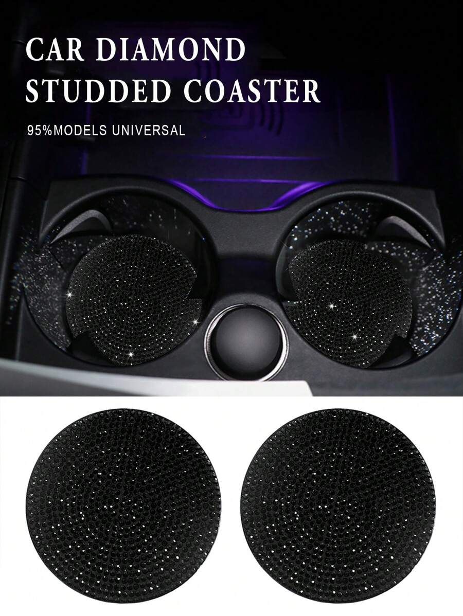 Tapis de porte-gobelet scintillant de voiture en diamant, dessous de verre en silicone noir antidérapant avec diamants artificiels, accessoires de décoration intérieure de voiture - Noir - Voir 1