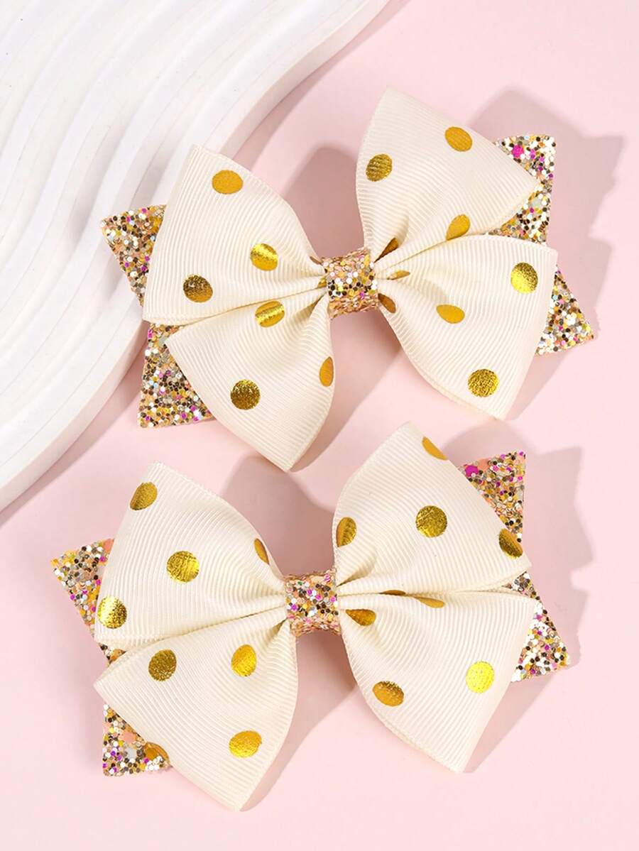 2 件装幼儿女孩闪光发夹、金色波尔卡圆点发夹、双层缎带发夹、鳄鱼夹、儿童青少年发饰、节日派对舞会发夹 - 彩色 - 查看 1