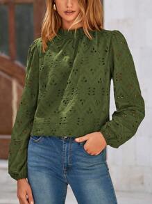 Women's Shirt Casual Embroidered Long Puff Sleeve Shirt Pleated Mesh Lace Top - 軍綠色 - 查看 4