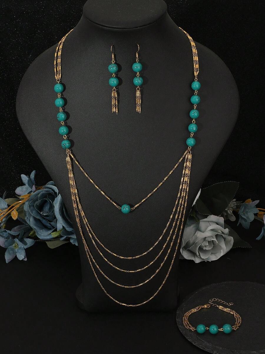 Bộ 4 món/bộ trang sức Ả Rập bán chạy cho váy cưới, trang sức ngọc lục bảo cho váy cưới, vòng cổ nhiều lớp dài + vòng tay + hoa tai, trang sức xa xỉ chất lượng cao, quà tặng ngày lễ - màu xanh lá - Xem 1