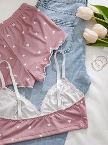 3 件套女士纯色心形印花荷叶边内衣文胸和松紧腰短裤睡衣套装两件套女士 2 件套，卡哇伊