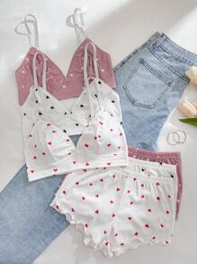 3 件套女士纯色心形印花荷叶边内衣文胸和松紧腰短裤睡衣套装两件套女士 2 件套，卡哇伊