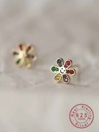 1 par de pendientes de flor sonriente multicolor chapados en oro de 14k con plata esterlina 925 para niña