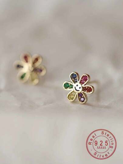 1 par de brincos de pino fofos de flor sorridente multicoloridos banhados a ouro 14k e prata esterlina 925 para meninas