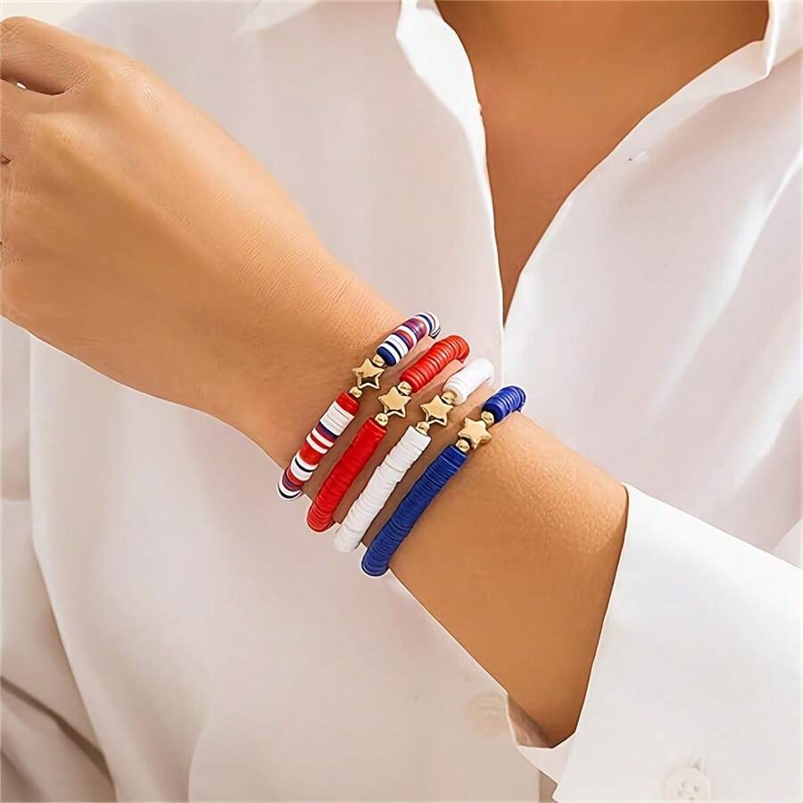 Bộ 4 chiếc/bộ vòng tay hạt đất sét phong cách lướt sóng - Đỏ, trắng, xanh với mặt dây chuyền ngôi sao vàng - Trang sức Boho có thể điều chỉnh, phù hợp cho mẹ, bạn gái, con gái, cháu gái và bạn bè - Hoàn hảo cho Ngày của mẹ, sinh nhật và tốt nghiệp - Nhiều màu - Xem 1