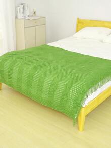 1 件纯色针织亚克力流苏毛毯，柔软舒适复古风格绿色毛毯，适合日常使用 - 綠色 - 查看 4