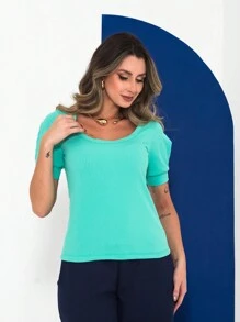 Women's Ribbed Blouse With Opening On The Sleeves - 薄荷綠 - 查看 3