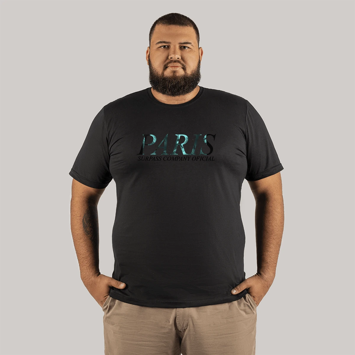 100% Cotton Printed T-Shirt Plus Size Large Shape Street Model Paris Company - 黑色 - 查看 1