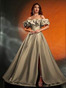 Anymoon Women's Evening Dress With Pleated Bust Detail And High A-Line Skirt, Suitable For Formal Occasions - Champagne - View 4