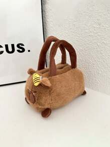 Stylish Cartoon - Fashionable Bucket Purse With Zip Closure, Soft Imitation Wool, Adorable Capybara Plush Bag - Soft, Versatile Crossbody School Bag, Bag, Bag School, Bag, Bag, School Bag Boy Gift - Khaki - View 3
