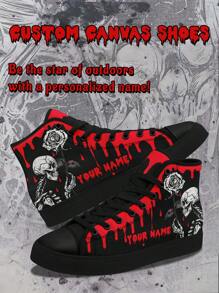 Giày vải canvas có tên tùy chỉnh cho nam, thiết kế hình đầu lâu hoa hồng lãng mạn, giày thể thao đế cao mềm mại, nhẹ, thoải mái dành cho nam, giày trượt ván cổ cao, quà tặng độc đáo, vui nhộn được cá nhân hóa cho mẹ/bố/cô ấy/anh ấy/bạn gái/bạn trai/vợ/chồng/bạn bè - màu đen - Xem 2