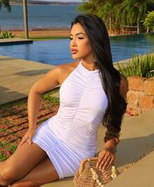 Women's Backless Dress With Tie Strap Neckline One-Shoulder Front Draped Tight-Fitting - trắng - Xem 2