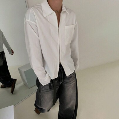 Men's Lightweight Zip Up Jacket With Front Pocket And Classic Collar