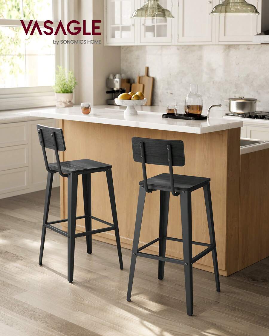 VASAGLE Set Of 2 Bar Stools, Bar Height Stools, Tall Bar Stools With Back, Bar Chairs, Steel Frame, Industrial Style, Easy Assembly - Black - View 1