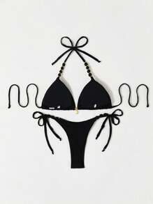 WD MODAS Tie-Dye Bikini With Shell Pendant And Gold Details Comfortable Fit And Modern Design XX266 - 黑色 - 查看 2