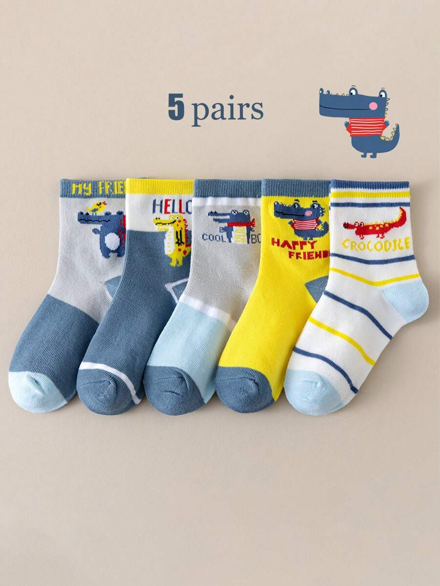 5 Pairs Boys Comfy Dinosaur Graphic Round Toe Mid Calf Socks - Multicolor - View 1
