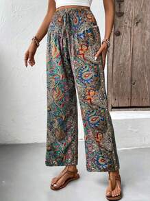 Women's Print Drawstring Waist Wide Leg Pants - Multicolor - View 1