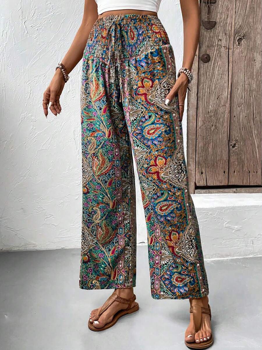 Women's Print Drawstring Waist Wide Leg Pants - Multicolor - View 1