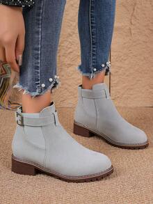 女式经典踝靴切尔西靴，配松紧带和带扣带，秋冬款 - 灰色 - 查看 6